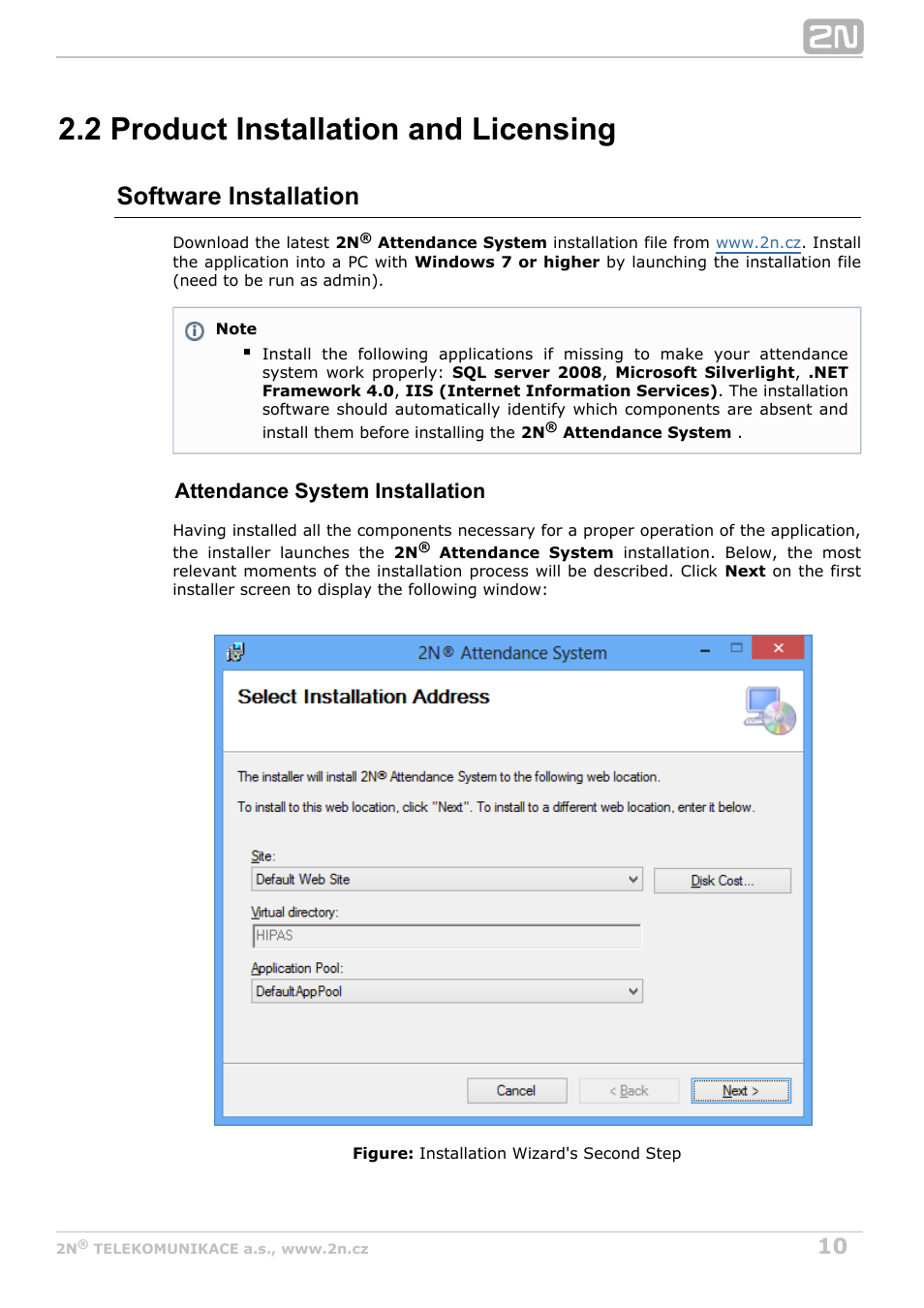 2 product installation and licensing, Software installation, Attendance system installation | 2N Attendance System v1.2 User Manual | Page 10 / 40