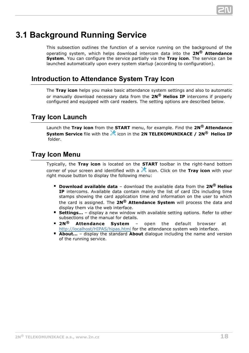 1 background running service, Introduction to attendance system tray icon, Tray icon launch | Tray icon menu | 2N Attendance System v1.2 User Manual | Page 18 / 40