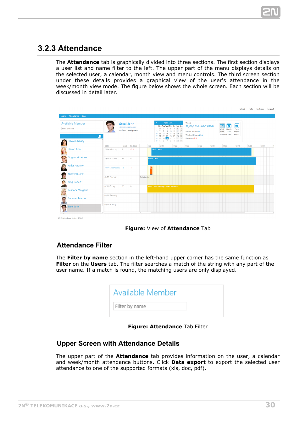 3 attendance, Attendance filter, Upper screen with attendance details | 2N Attendance System v1.2 User Manual | Page 30 / 40