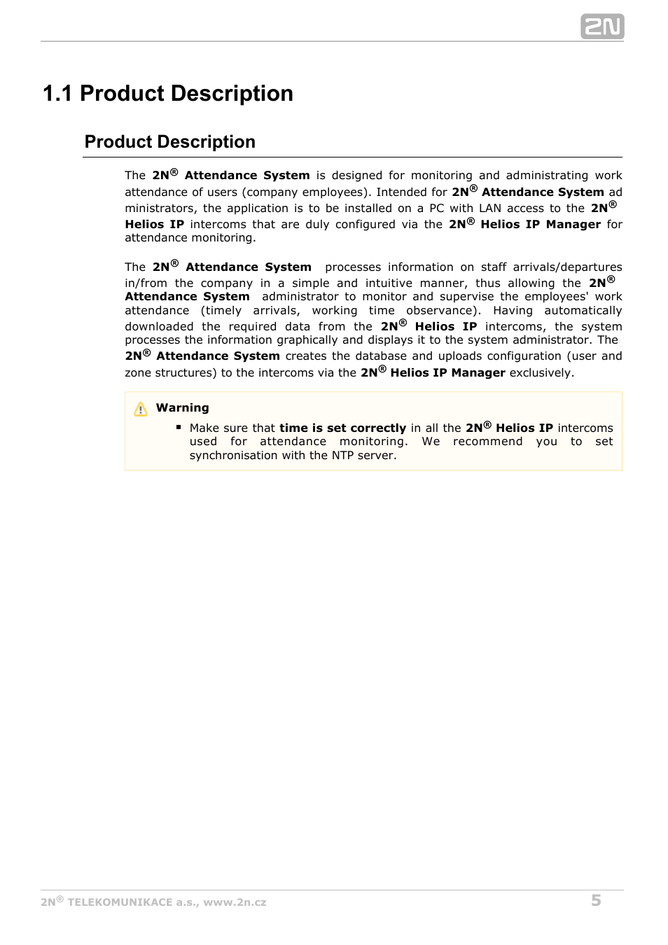 1 product description, Product description | 2N Attendance System v1.2 User Manual | Page 5 / 40