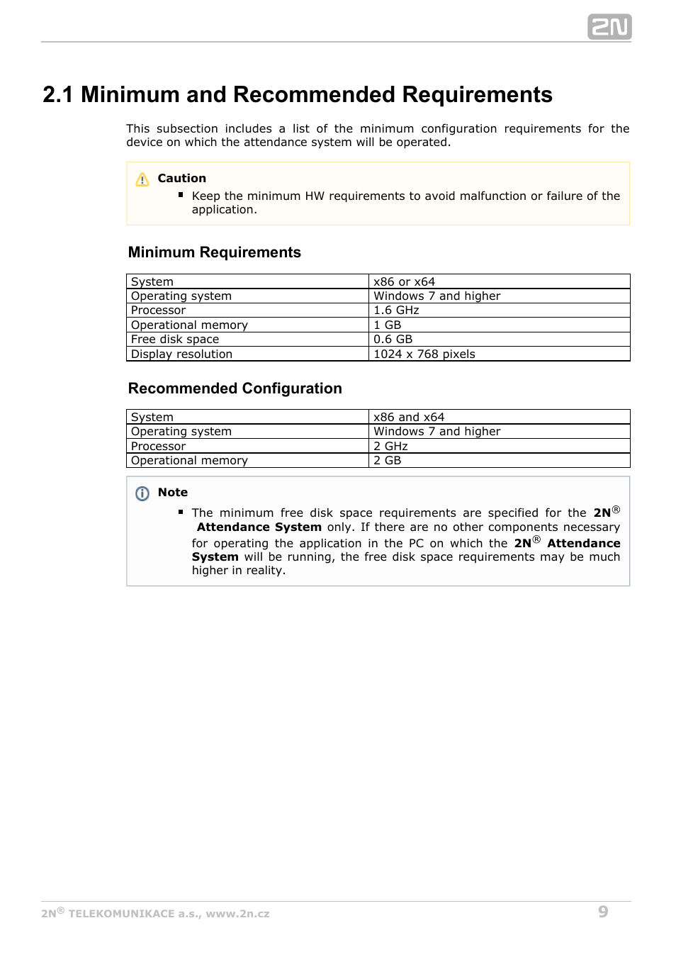 1 minimum and recommended requirements, Minimum requirements, Recommended configuration | 2N Attendance System v1.2 User Manual | Page 9 / 40
