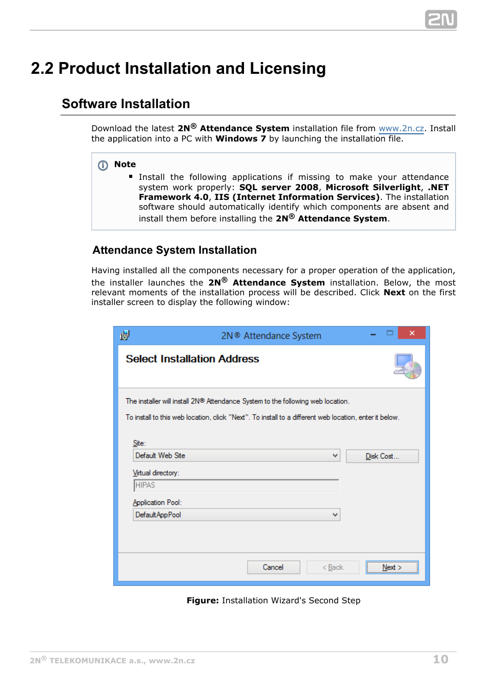 2 product installation and licensing, Software installation, Attendance system installation | 2N Attendance System v1.0 User Manual | Page 10 / 38