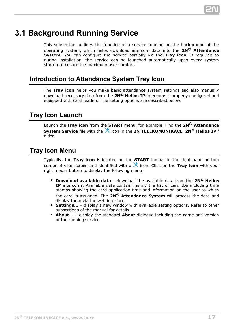 1 background running service, Introduction to attendance system tray icon, Tray icon launch | Tray icon menu | 2N Attendance System v1.0 User Manual | Page 17 / 38