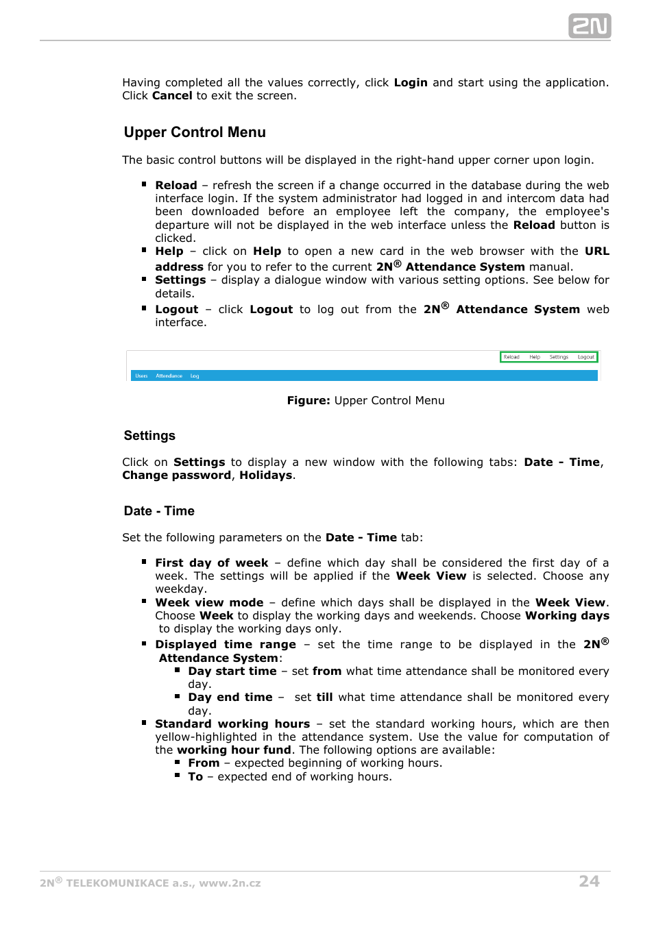 Upper control menu | 2N Attendance System v1.0 User Manual | Page 24 / 38