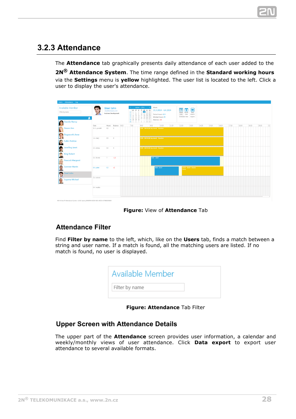 3 attendance, Attendance filter, Upper screen with attendance details | 2N Attendance System v1.0 User Manual | Page 28 / 38