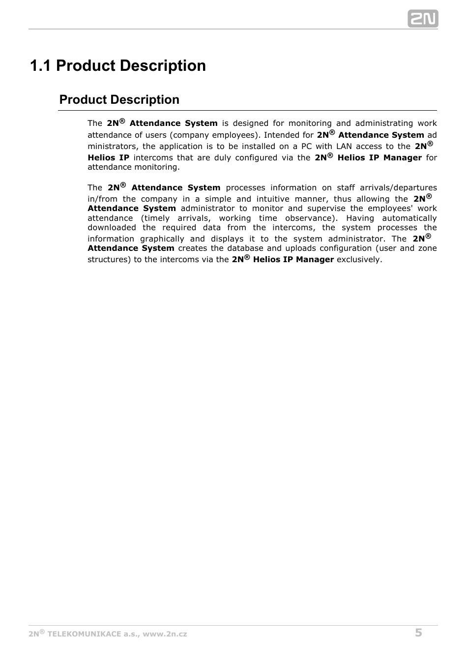 1 product description, Product description | 2N Attendance System v1.0 User Manual | Page 5 / 38