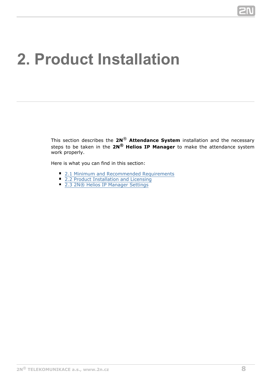 Product installation | 2N Attendance System v1.0 User Manual | Page 8 / 38