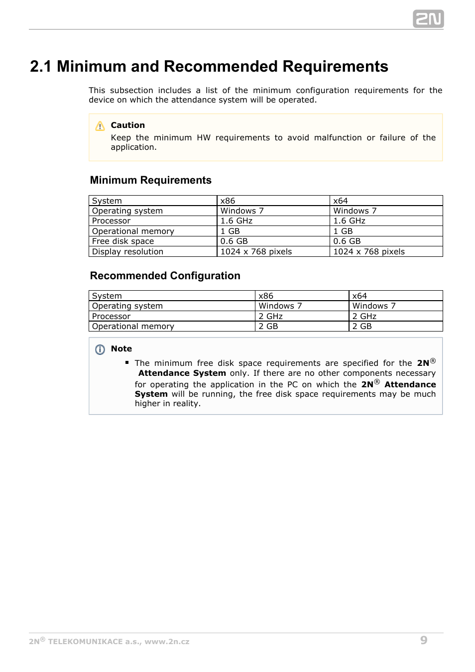 1 minimum and recommended requirements, Minimum requirements, Recommended configuration | 2N Attendance System v1.0 User Manual | Page 9 / 38