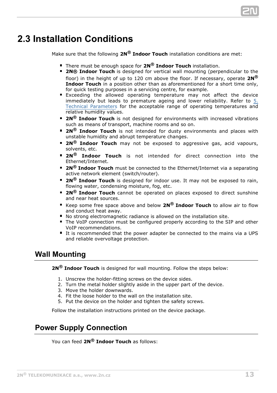 3 installation conditions, Wall mounting, Power supply connection | 2N Indoor Touch User guide v1.2 User Manual | Page 13 / 36