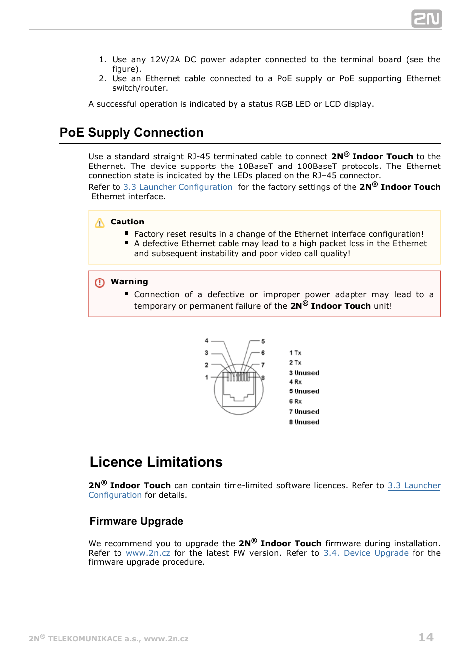 Licence limitations, Poe supply connection, Firmware upgrade | 2N Indoor Touch User guide v1.2 User Manual | Page 14 / 36