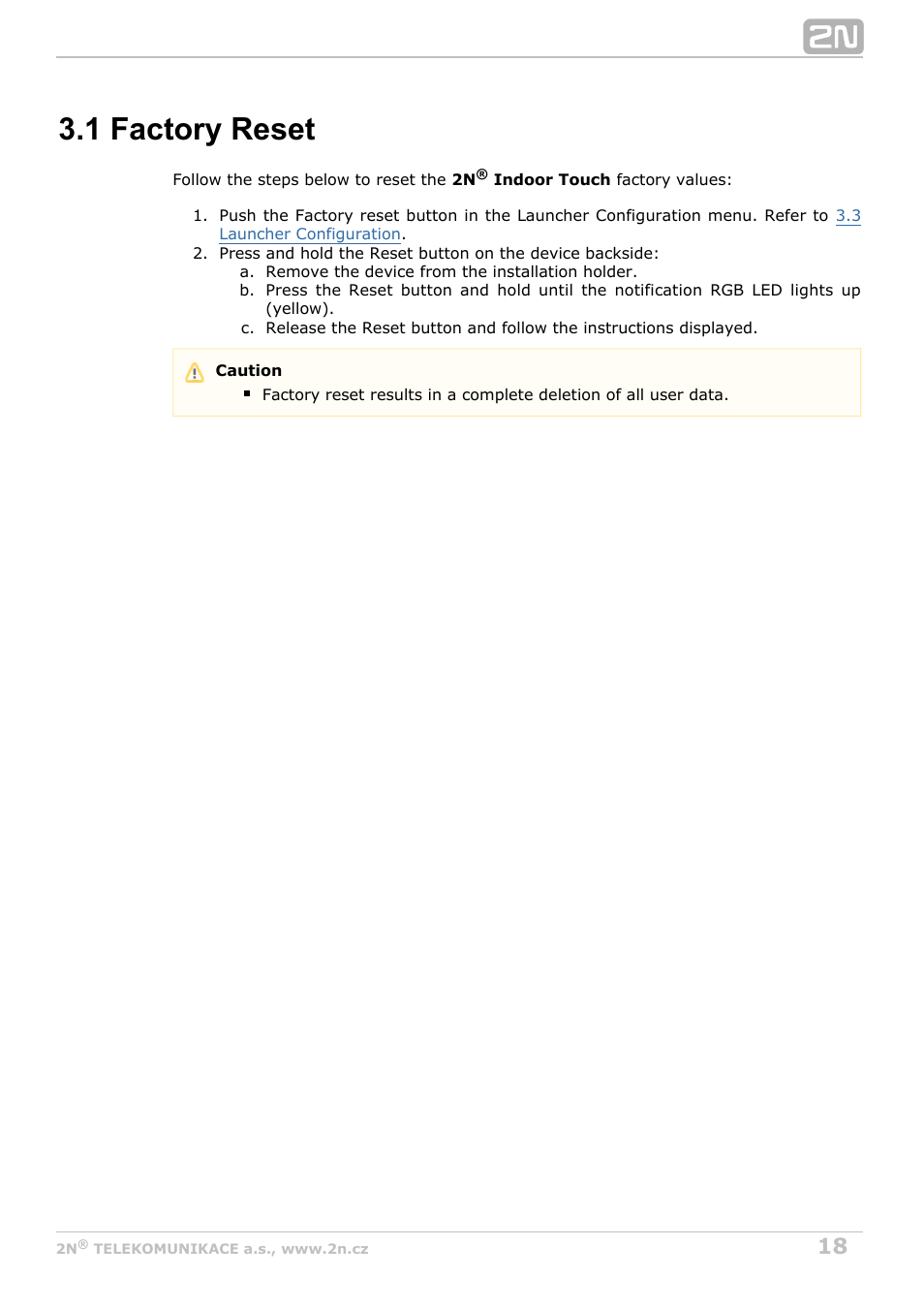 1 factory reset | 2N Indoor Touch User guide v1.2 User Manual | Page 18 / 36