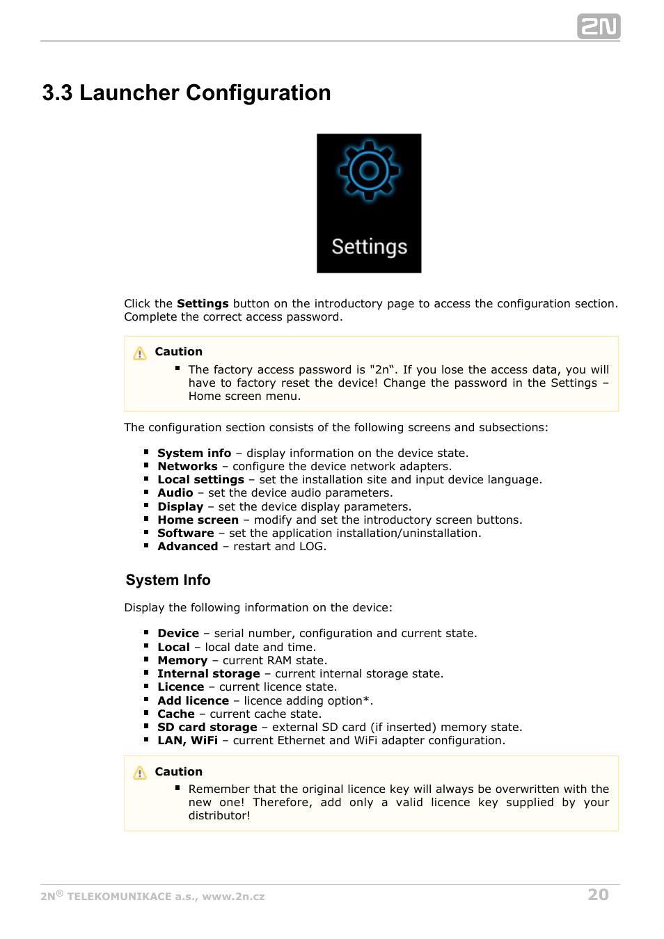 3 launcher configuration, 3 launcher, For details | Configuration, System info | 2N Indoor Touch User guide v1.2 User Manual | Page 20 / 36