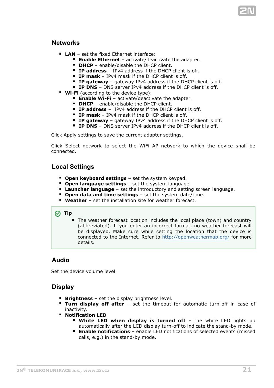 Networks, Local settings, Audio | Display | 2N Indoor Touch User guide v1.2 User Manual | Page 21 / 36