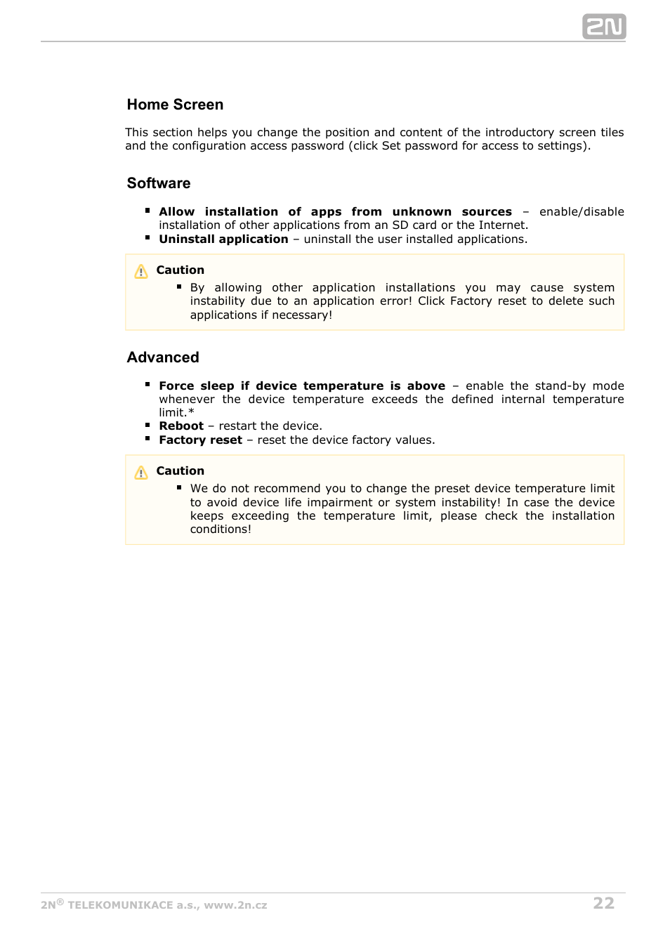 Home screen, Software, Advanced | 2N Indoor Touch User guide v1.2 User Manual | Page 22 / 36