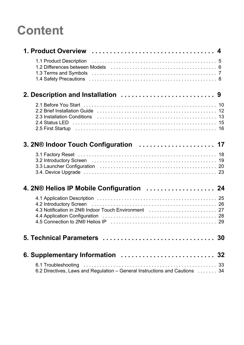 Content, Product overview, Description and installation | 2n® indoor touch configuration, 2n® helios ip mobile configuration, Technical parameters 6. supplementary information | 2N Indoor Touch User guide v1.2 User Manual | Page 3 / 36