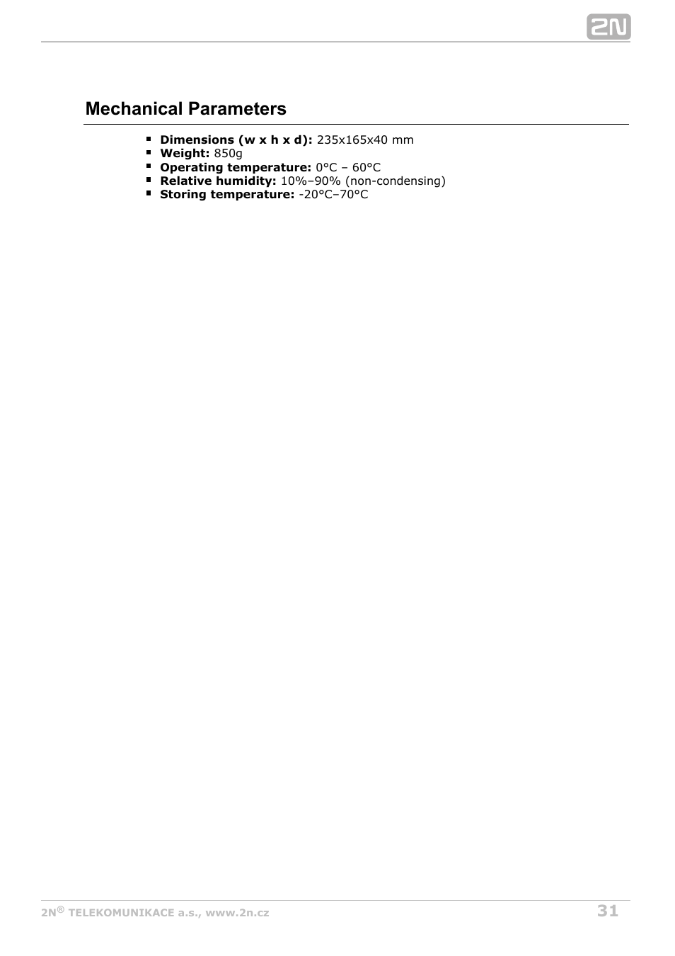 Mechanical parameters | 2N Indoor Touch User guide v1.2 User Manual | Page 31 / 36