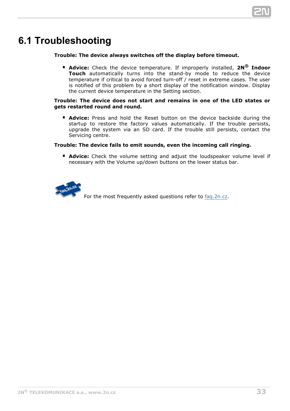 1 troubleshooting | 2N Indoor Touch User guide v1.2 User Manual | Page 33 / 36