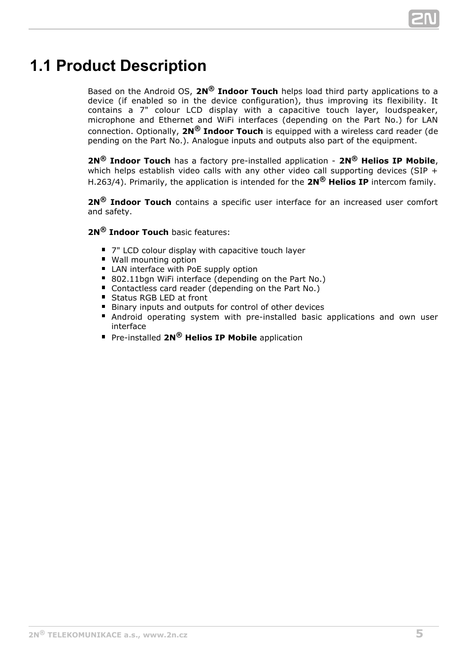 1 product description | 2N Indoor Touch User guide v1.2 User Manual | Page 5 / 36