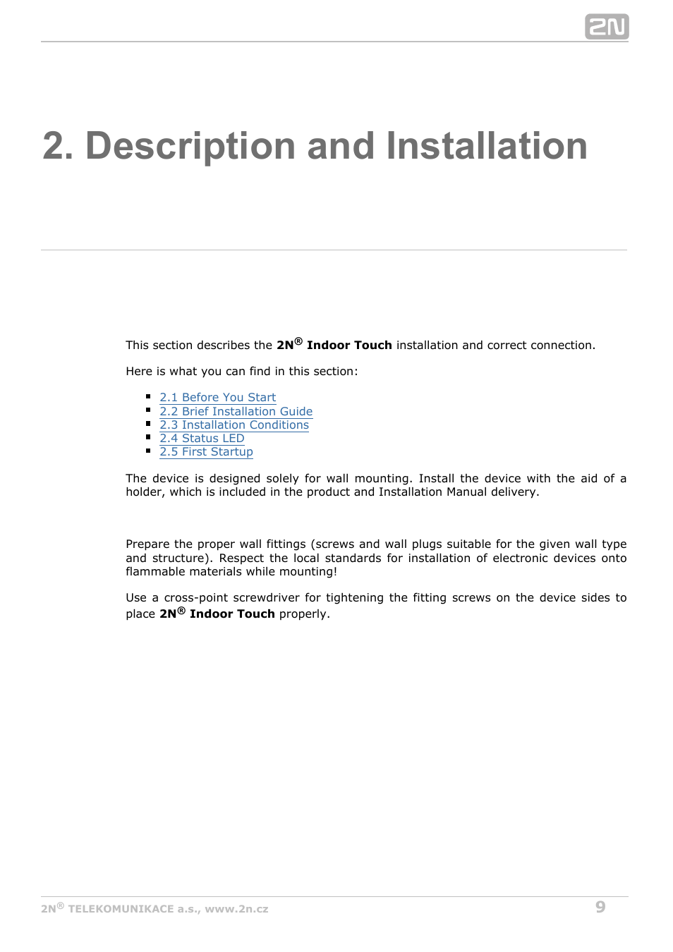 Description and installation | 2N Indoor Touch User guide v1.2 User Manual | Page 9 / 36