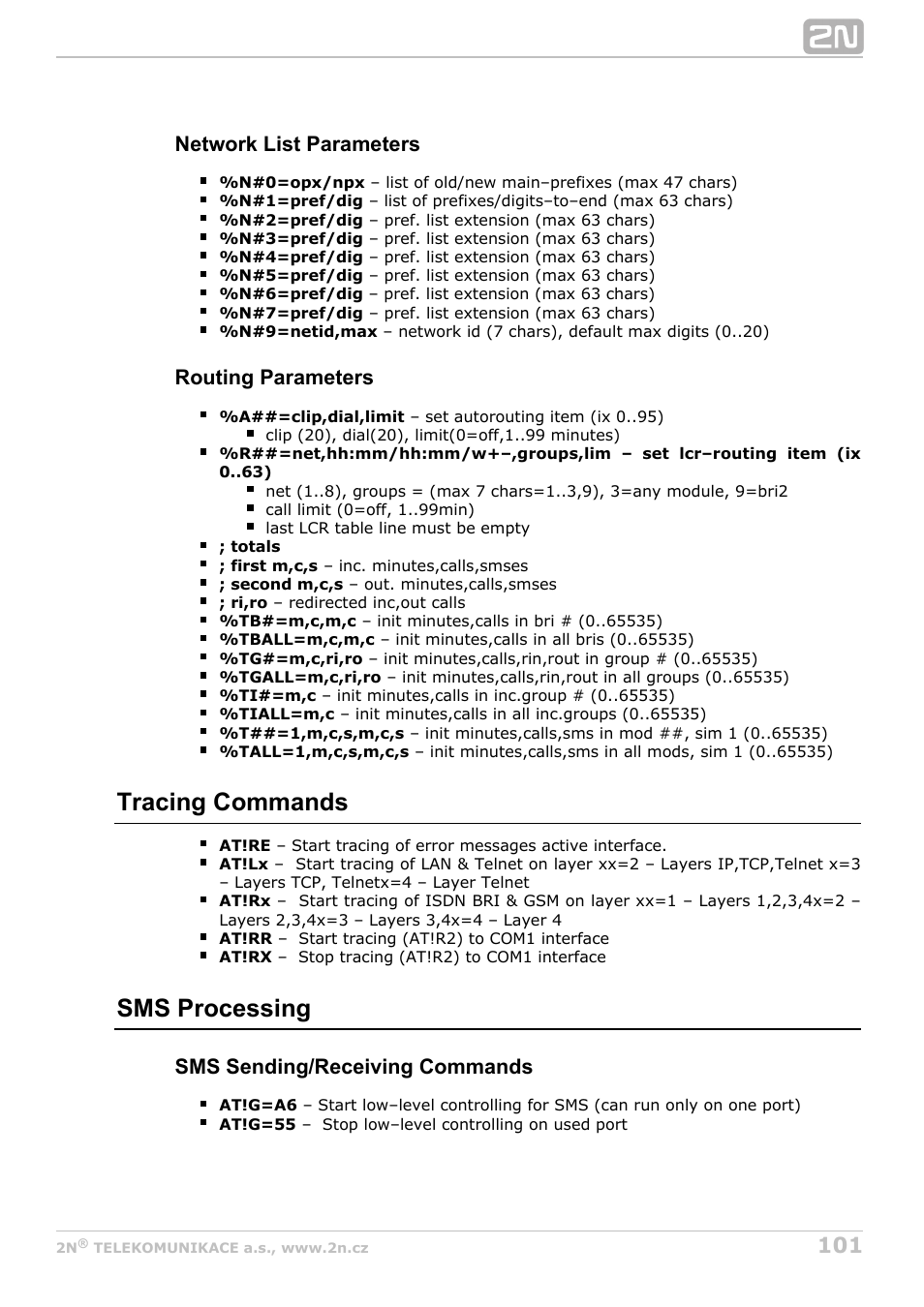 Tracing commands, Sms processing | 2N BRI Lite/Enterprise v1.8 User Manual | Page 101 / 129