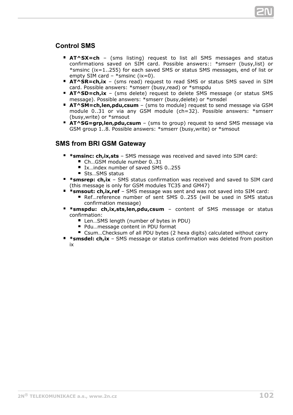 Control sms, Sms from bri gsm gateway | 2N BRI Lite/Enterprise v1.8 User Manual | Page 102 / 129