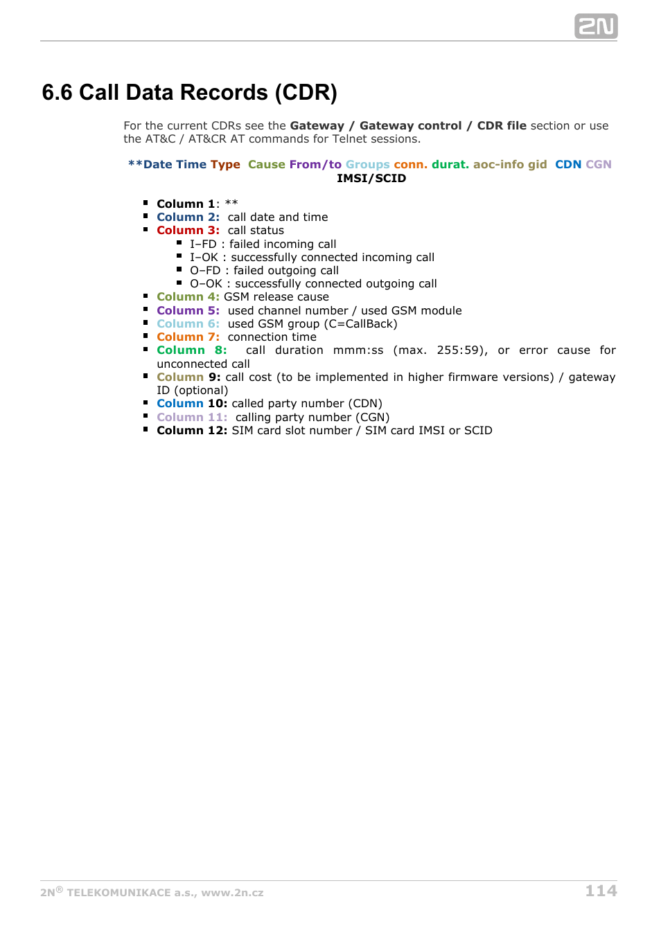 6 call data records (cdr), 6 call data records (cdr | 2N BRI Lite/Enterprise v1.8 User Manual | Page 114 / 129