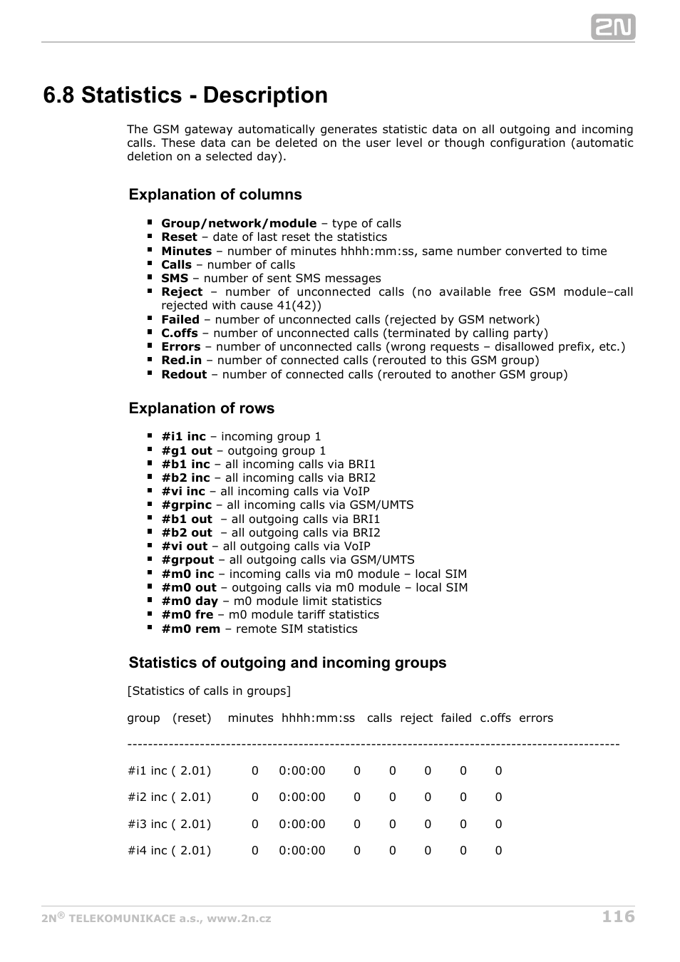 8 statistics - description, Explanation of columns, Explanation of rows | Statistics of outgoing and incoming groups | 2N BRI Lite/Enterprise v1.8 User Manual | Page 116 / 129