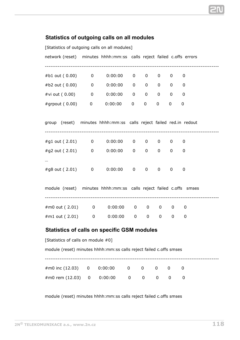 Statistics of outgoing calls on all modules, Statistics of calls on specific gsm modules | 2N BRI Lite/Enterprise v1.8 User Manual | Page 118 / 129