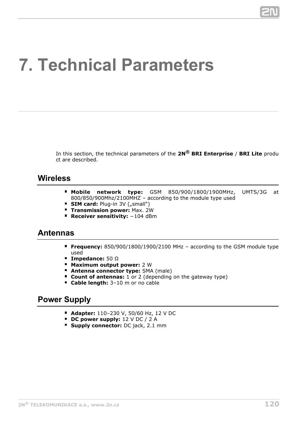 Technical parameters, Refer to, Subs.7 | Wireless, Antennas, Power supply | 2N BRI Lite/Enterprise v1.8 User Manual | Page 120 / 129