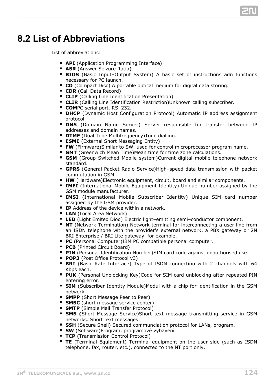 2 list of abbreviations | 2N BRI Lite/Enterprise v1.8 User Manual | Page 124 / 129