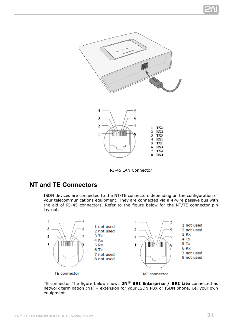 Nt and te connectors | 2N BRI Lite/Enterprise v1.8 User Manual | Page 21 / 129