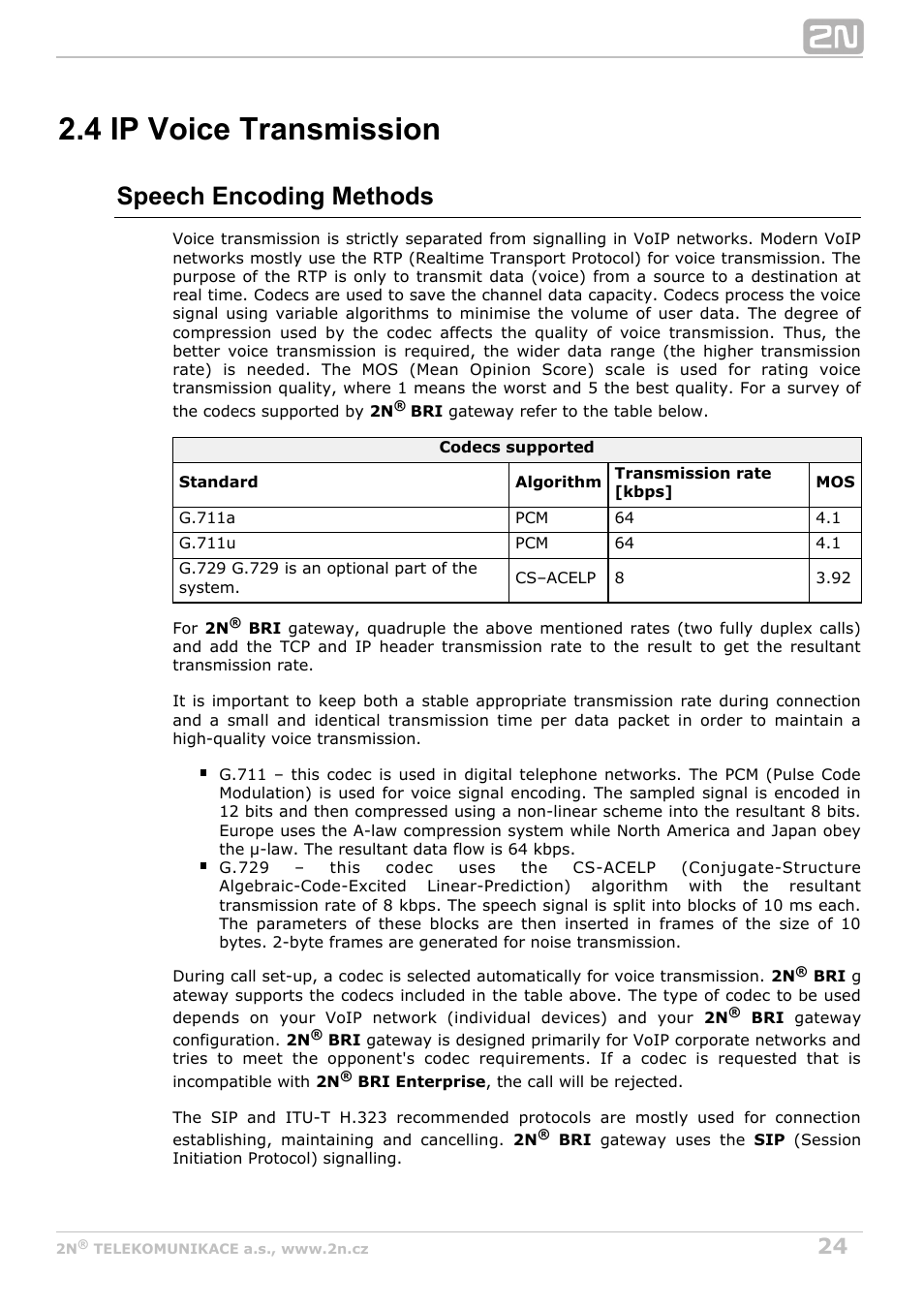 4 ip voice transmission, Speech encoding methods | 2N BRI Lite/Enterprise v1.8 User Manual | Page 24 / 129