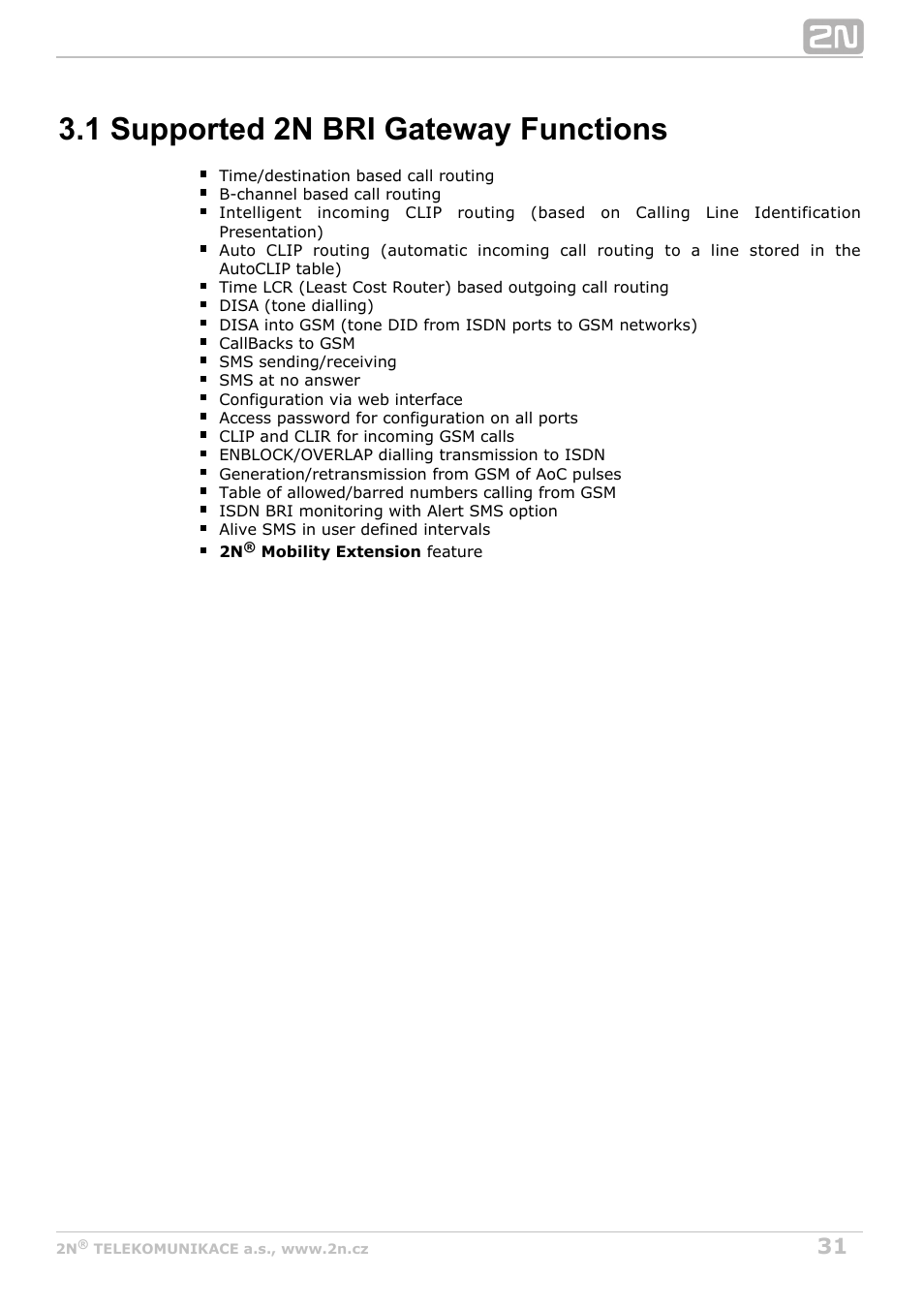 1 supported 2n bri gateway functions | 2N BRI Lite/Enterprise v1.8 User Manual | Page 31 / 129