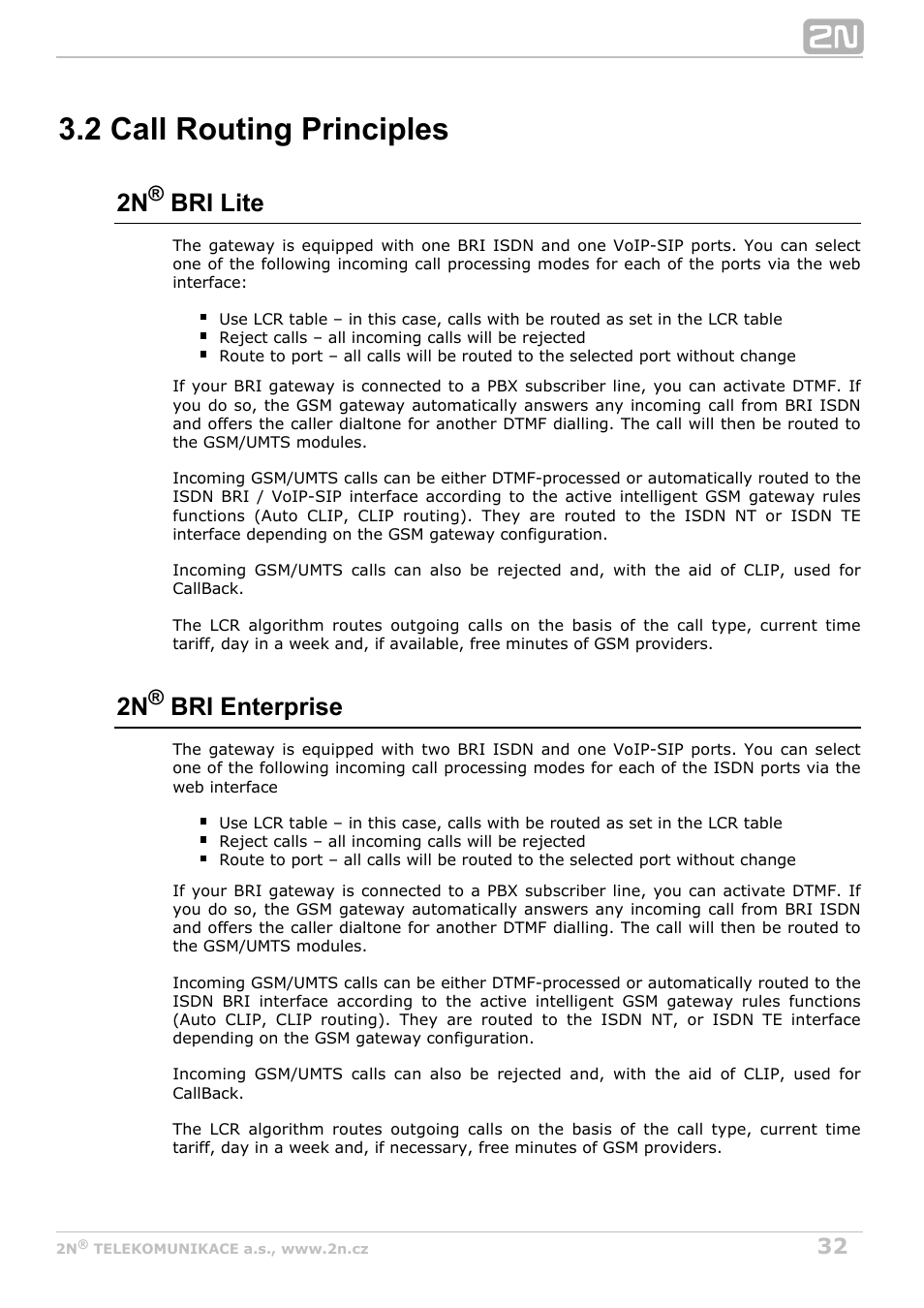 2 call routing principles, 2n bri lite, 2n bri enterprise | 2N BRI Lite/Enterprise v1.8 User Manual | Page 32 / 129