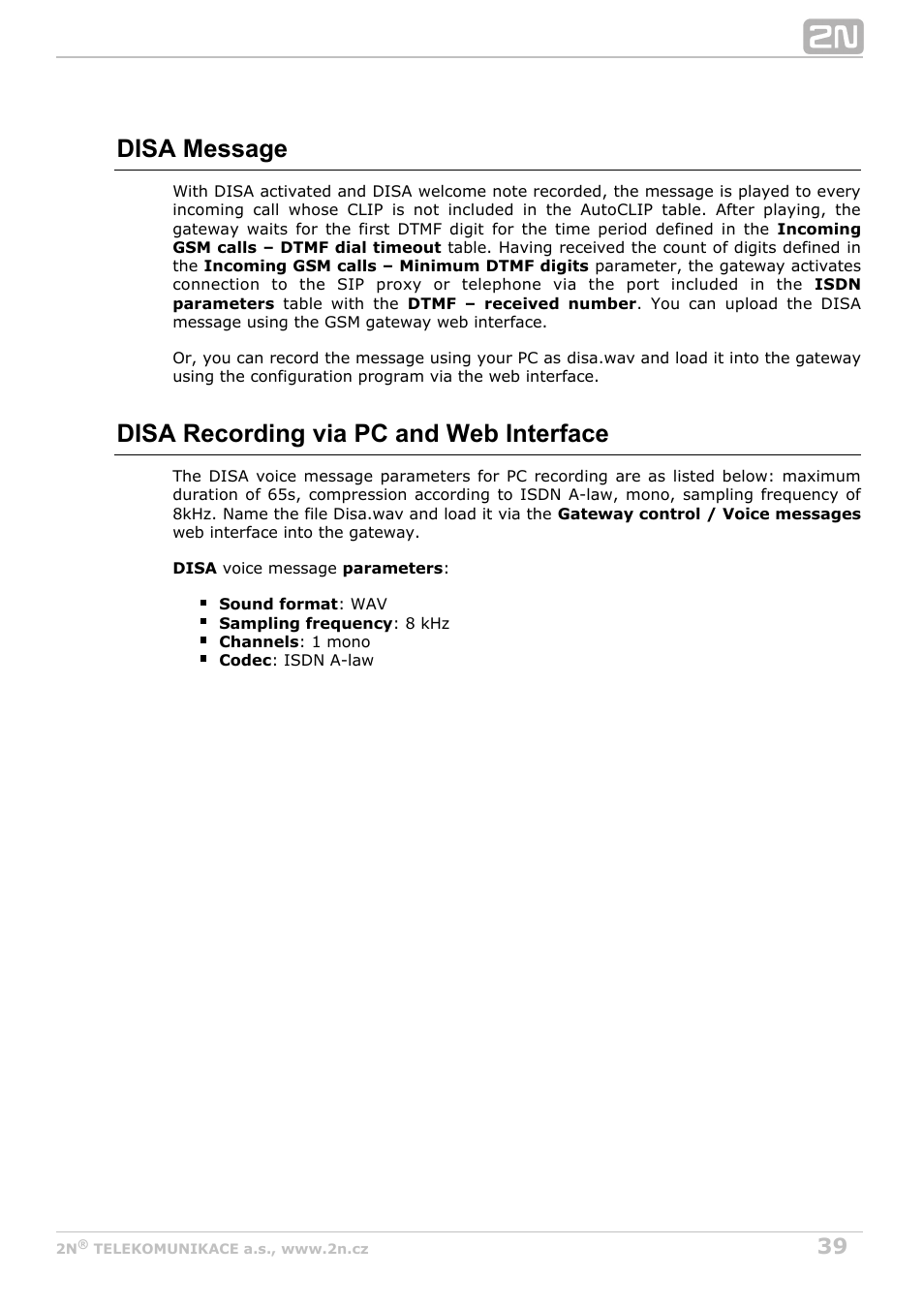 Disa message, Disa recording via pc and web interface | 2N BRI Lite/Enterprise v1.8 User Manual | Page 39 / 129