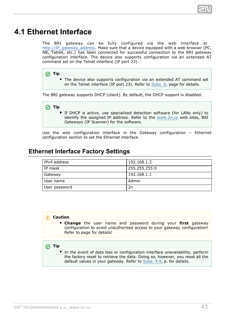 1 ethernet interface, Ethernet interface factory settings | 2N BRI Lite/Enterprise v1.8 User Manual | Page 41 / 129