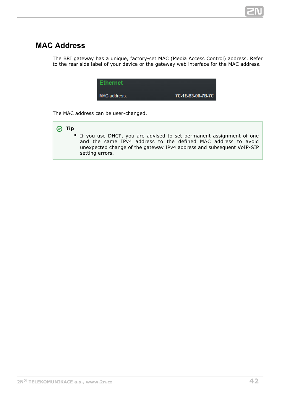 Mac address | 2N BRI Lite/Enterprise v1.8 User Manual | Page 42 / 129