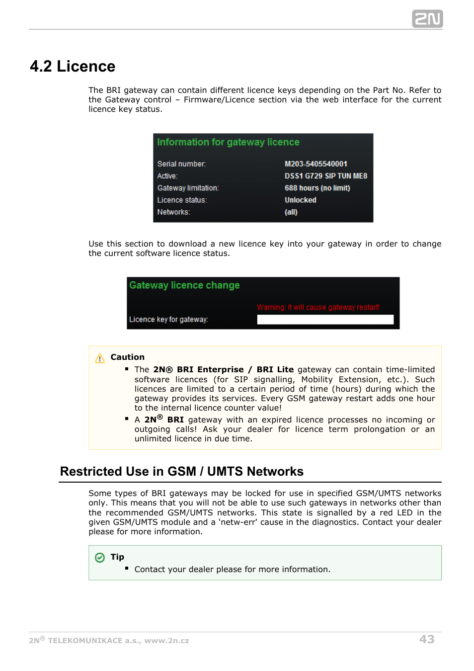 2 licence, Restricted use in gsm / umts networks | 2N BRI Lite/Enterprise v1.8 User Manual | Page 43 / 129