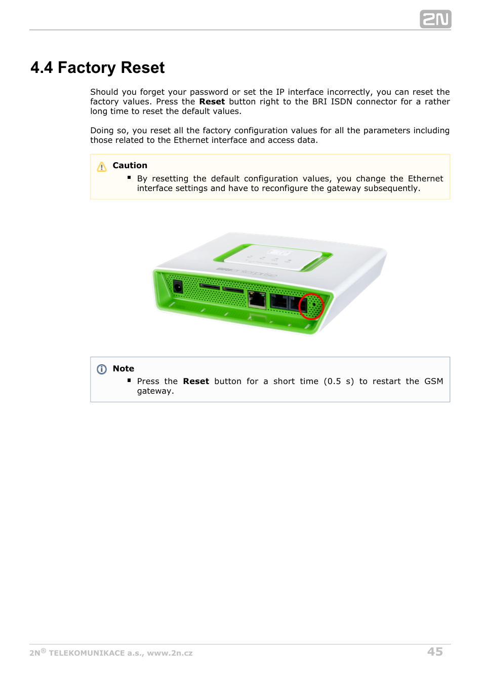 4 factory reset | 2N BRI Lite/Enterprise v1.8 User Manual | Page 45 / 129