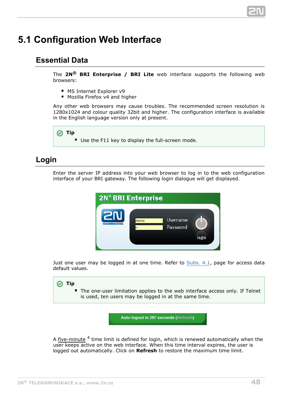 1 configuration web interface, Essential data, Login | 2N BRI Lite/Enterprise v1.8 User Manual | Page 48 / 129