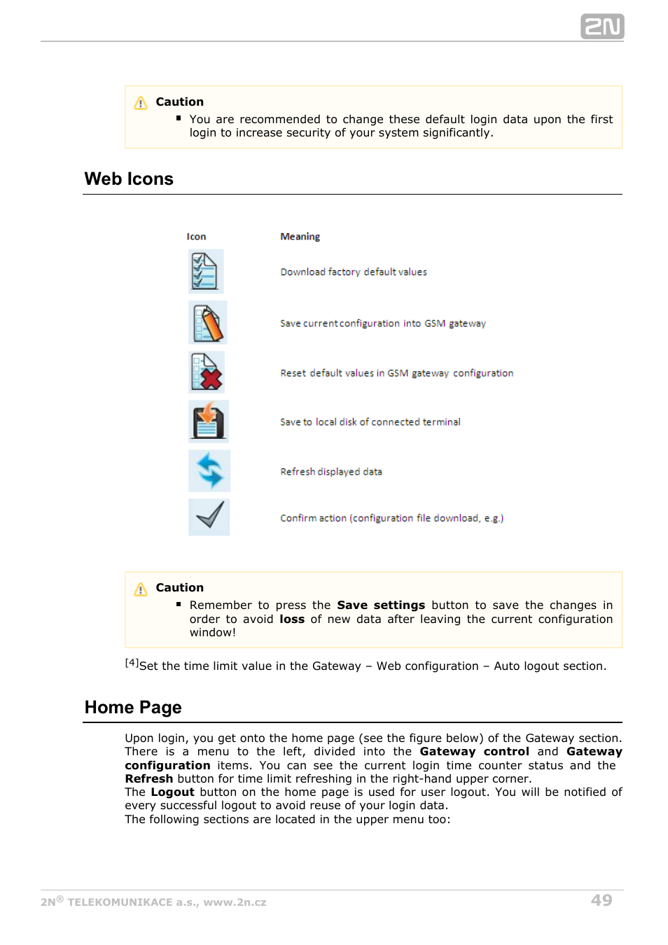 Web icons, Home page | 2N BRI Lite/Enterprise v1.8 User Manual | Page 49 / 129