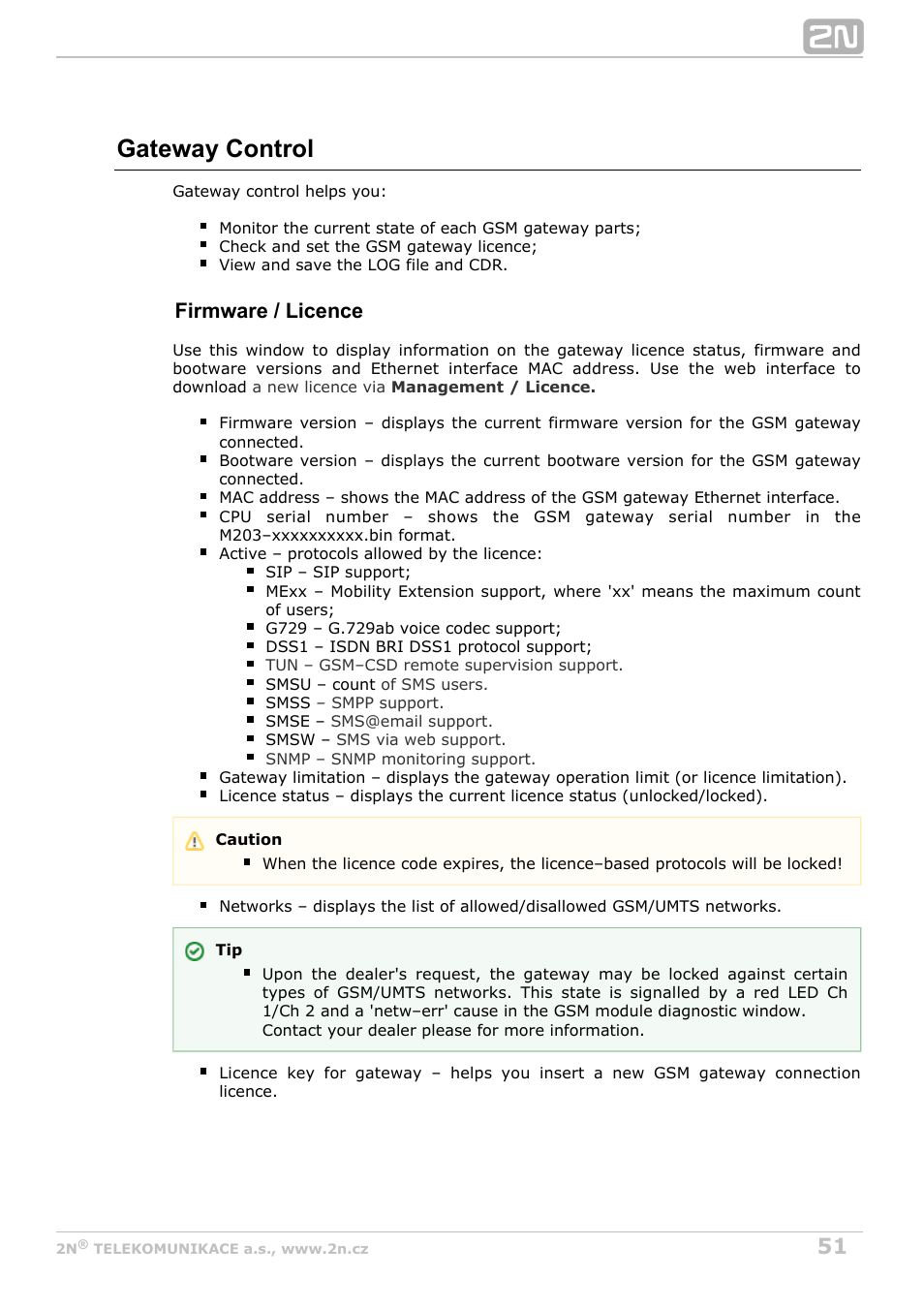 Gateway control, Firmware / licence | 2N BRI Lite/Enterprise v1.8 User Manual | Page 51 / 129