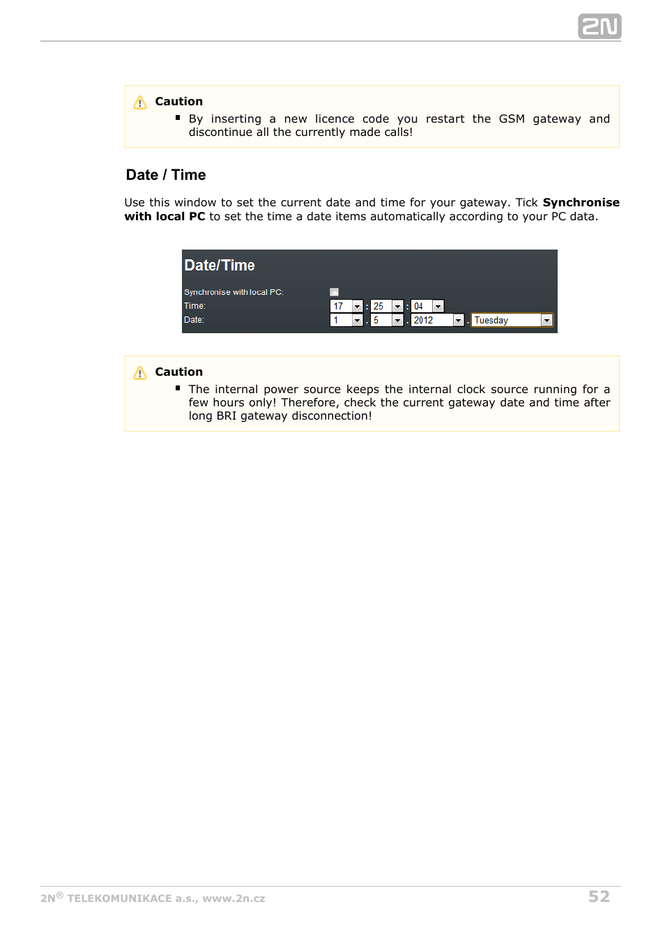 Date / time | 2N BRI Lite/Enterprise v1.8 User Manual | Page 52 / 129