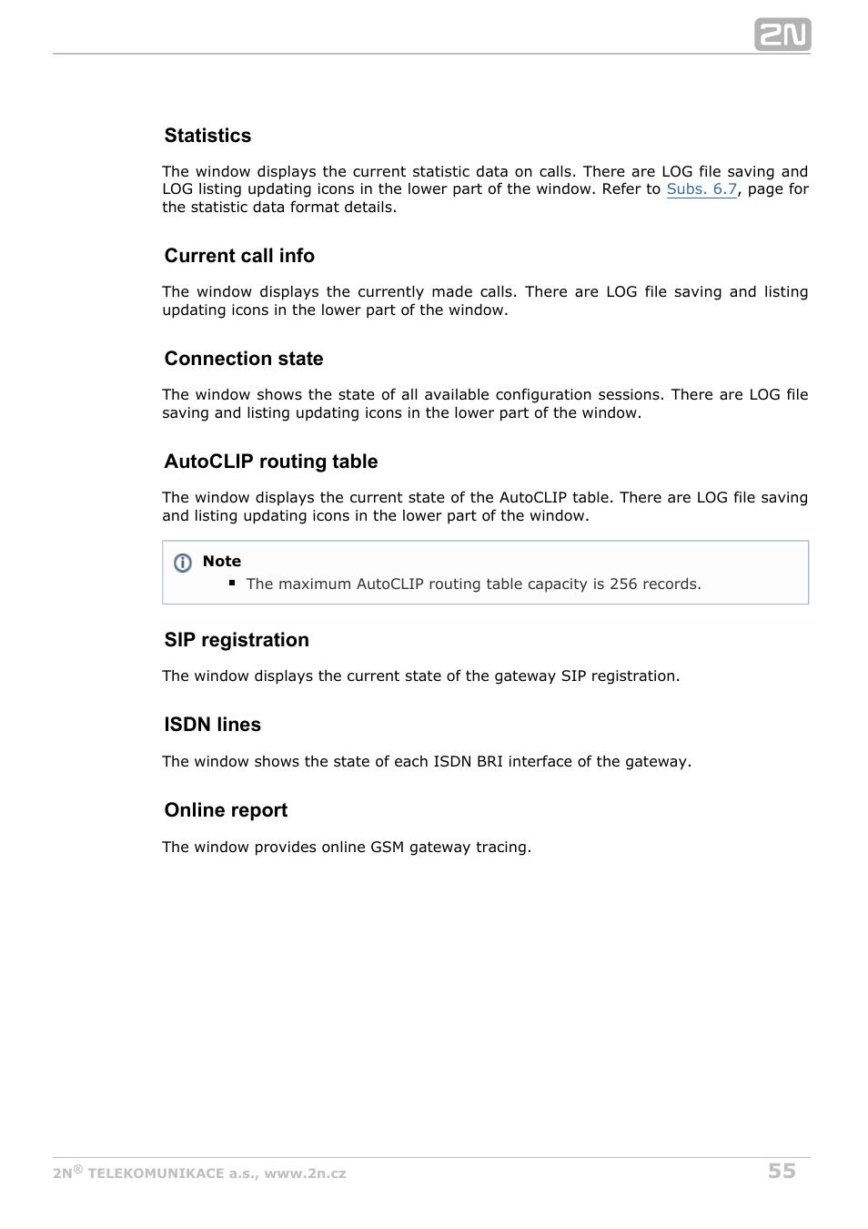 Statistics, Current call info, Connection state | Autoclip routing table, Sip registration, Isdn lines, Online report | 2N BRI Lite/Enterprise v1.8 User Manual | Page 55 / 129