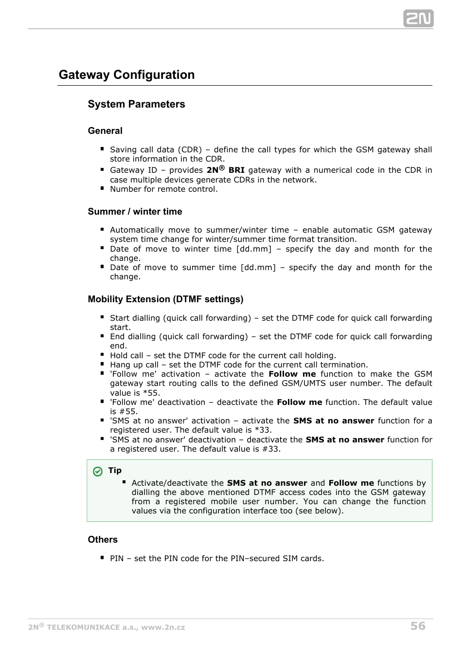 Gateway configuration, System parameters | 2N BRI Lite/Enterprise v1.8 User Manual | Page 56 / 129