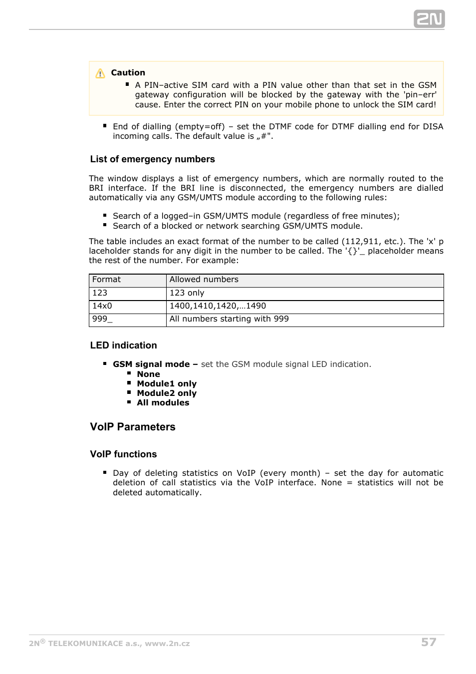 Voip parameters | 2N BRI Lite/Enterprise v1.8 User Manual | Page 57 / 129