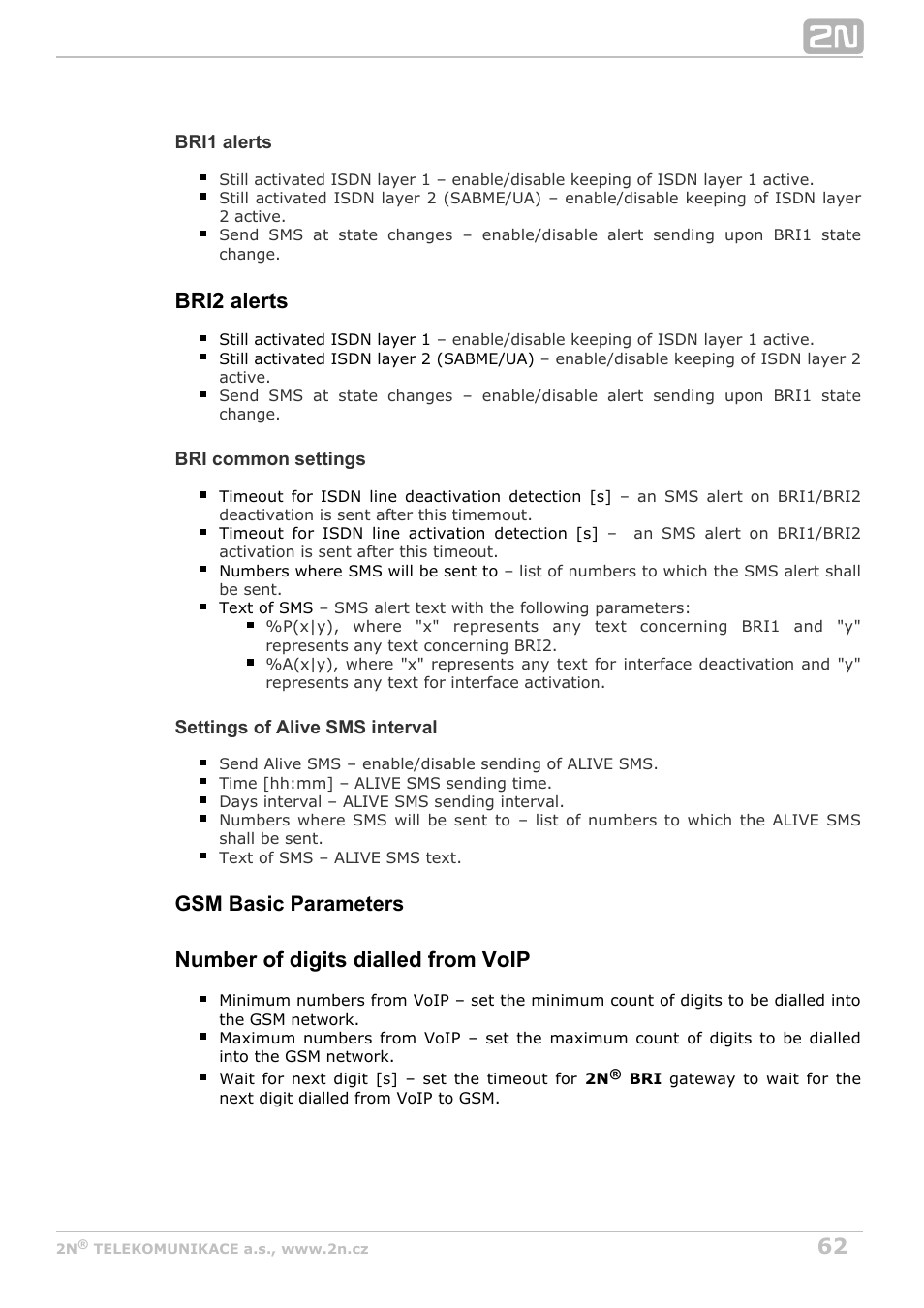 Bri2 alerts, Number of digits dialled from voip, Gsm basic parameters | 2N BRI Lite/Enterprise v1.8 User Manual | Page 62 / 129