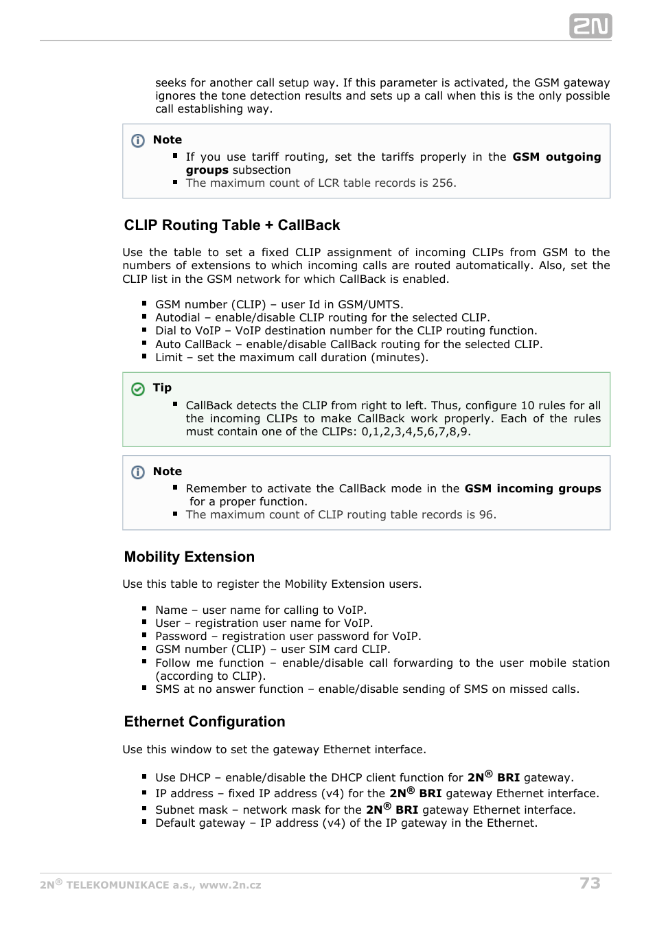 Clip routing table + callback, Mobility extension, Ethernet configuration | 2N BRI Lite/Enterprise v1.8 User Manual | Page 73 / 129