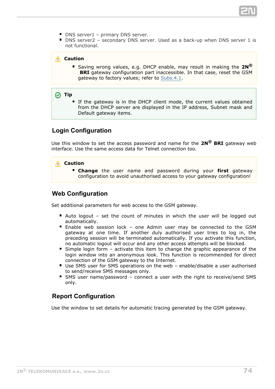 Login configuration, Web configuration, Report configuration | 2N BRI Lite/Enterprise v1.8 User Manual | Page 74 / 129