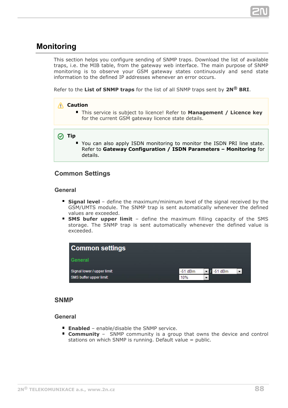 Monitoring, Common settings, Snmp | 2N BRI Lite/Enterprise v1.8 User Manual | Page 88 / 129